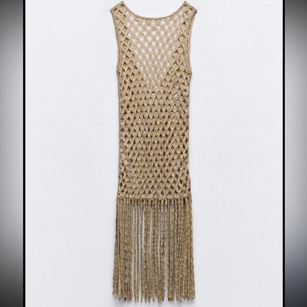 ZARA WOMEN MESH DRESS WITH FRING BEACH COVERUP Tan Crochet Small - Picture 6 of 13